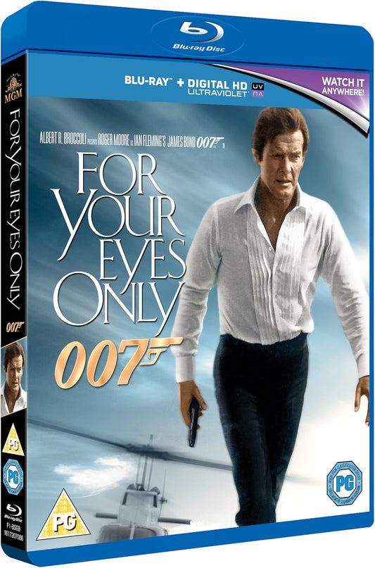 Front cover of the Blu-ray movie case for 'For Your Eyes Only' featuring a man in a white shirt and dark trousers walking, with the 007 logo and a blue border around the case.