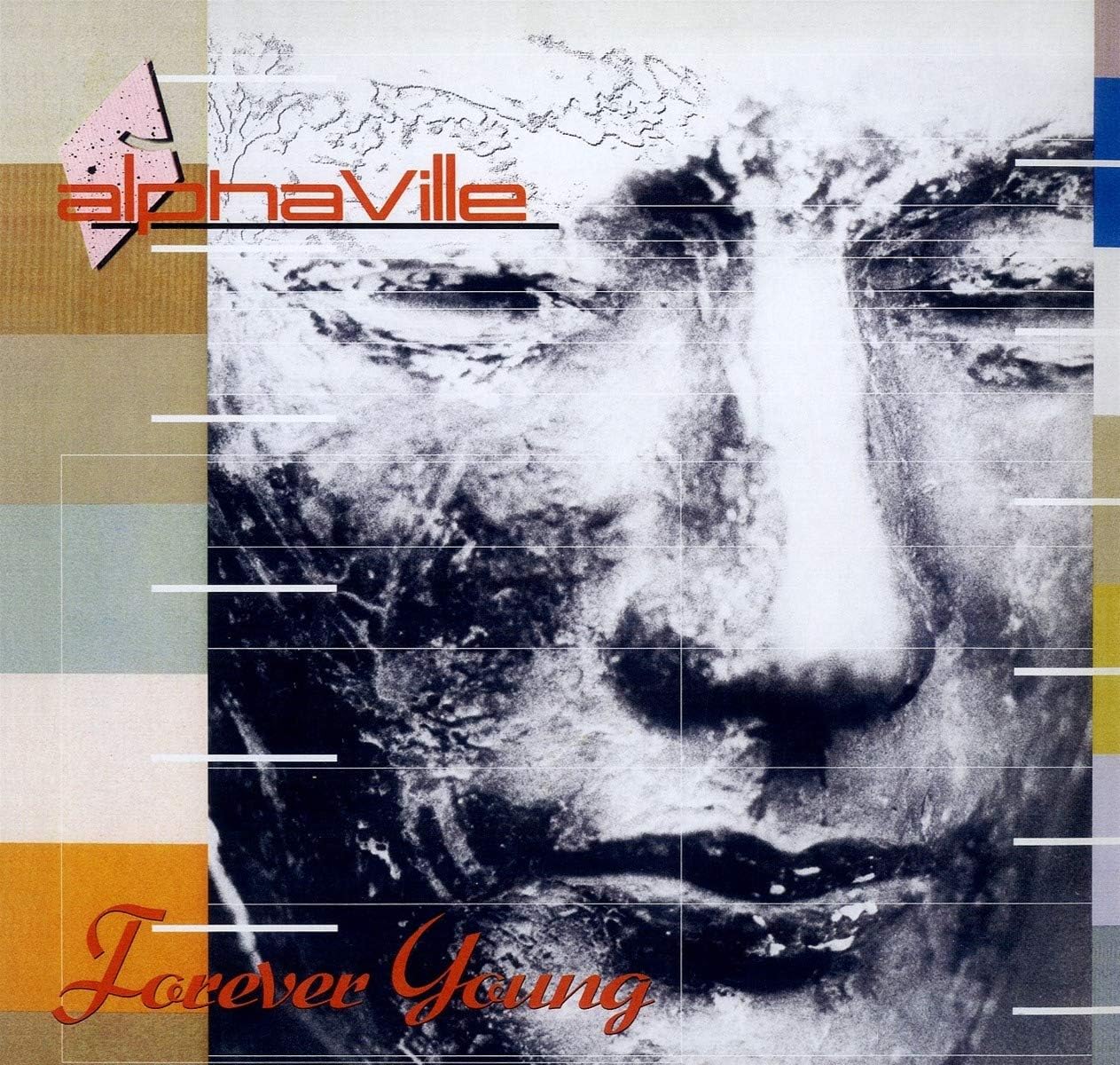 Album cover with stylized face and 'alphaville Forever Young' text on a geometric background
