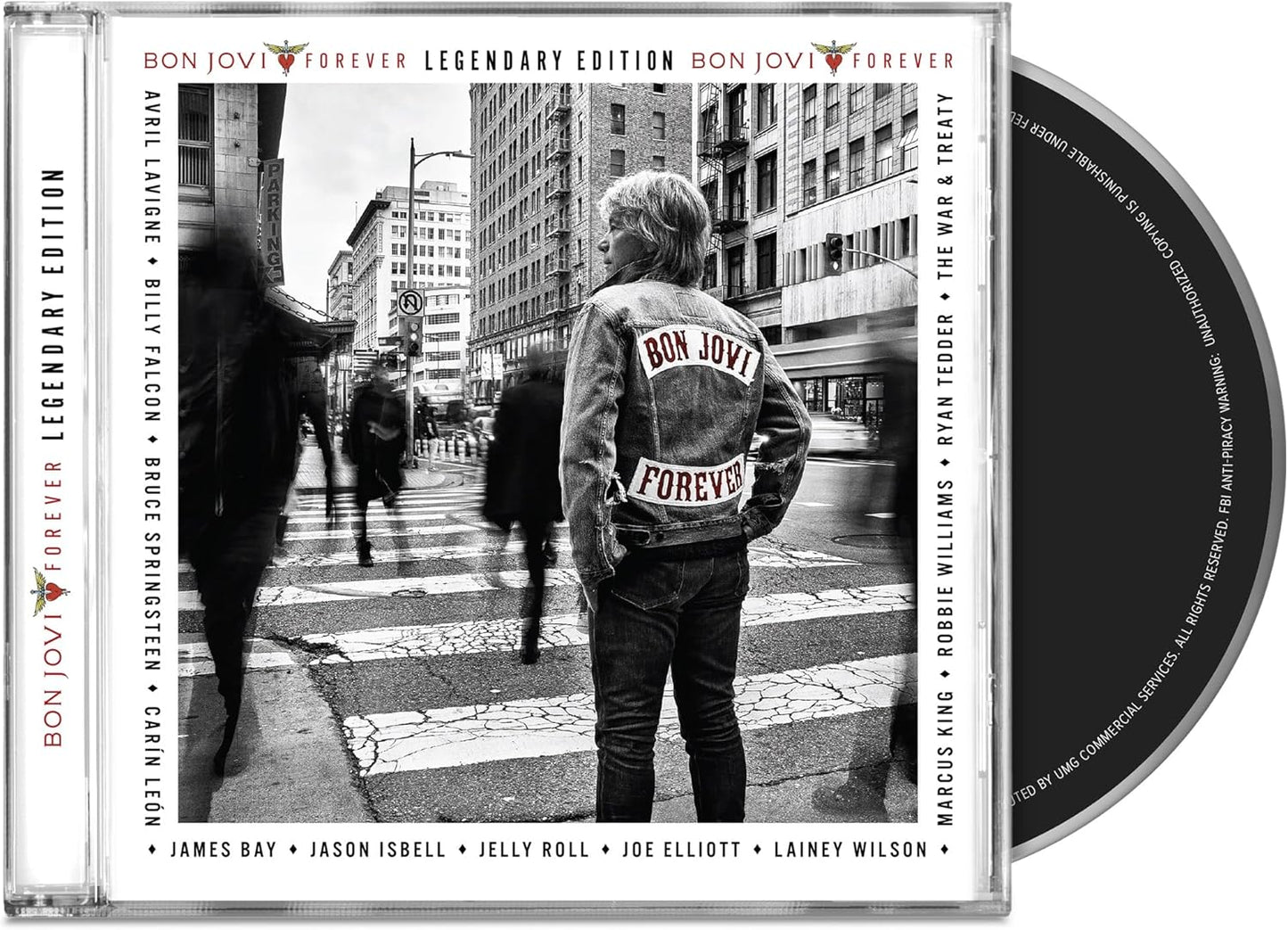 Bon Jovi 'Forever Legendary Edition' CD album cover with the printed tracklist on the front and a black CD partially visible behind it on a white background.