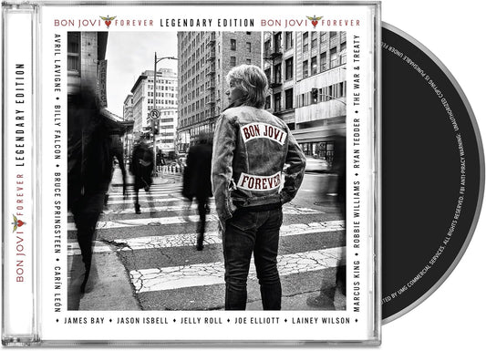 Bon Jovi 'Forever Legendary Edition' CD album cover with the printed tracklist on the front and a black CD partially visible behind it on a white background.