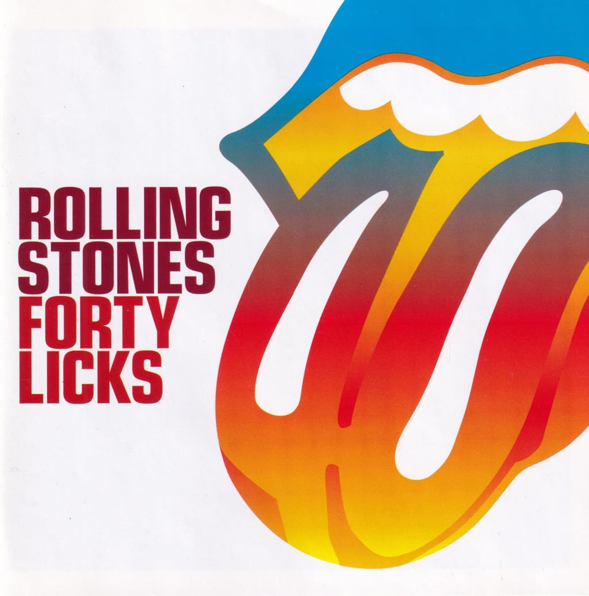 Rolling Stones 'Forty Licks' album cover artwork featuring the band's name in red text alongside the iconic red, orange, yellow, and blue tongue-and-mouth logo on a white background.
