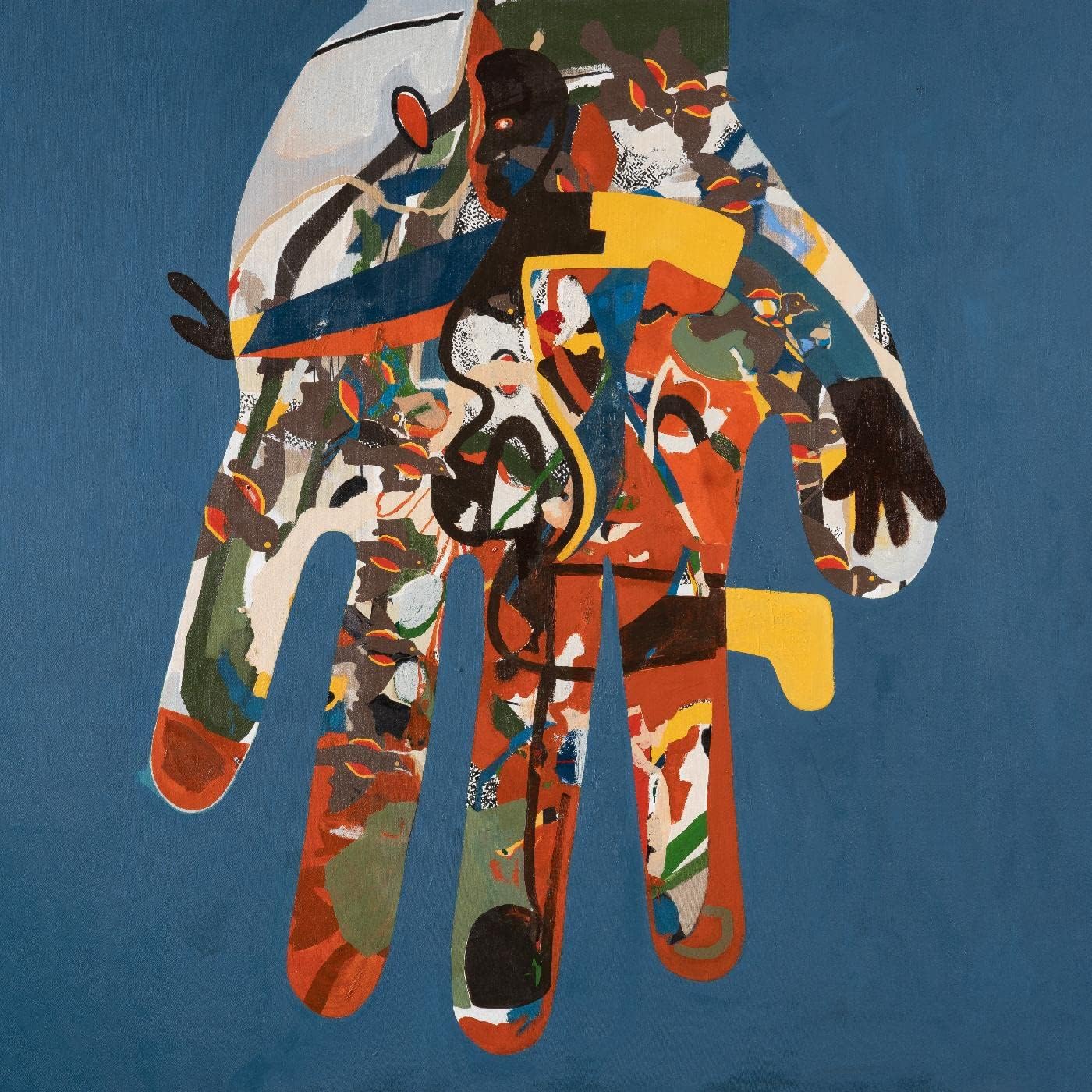 Abstract art piece with colorful shapes on a blue background