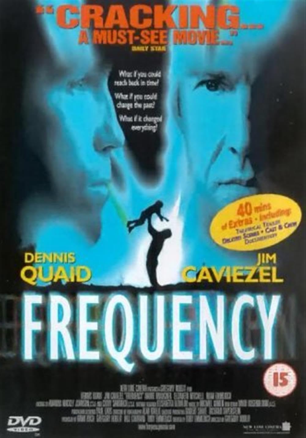 Movie poster for 'Frequency' featuring Dennis Quaid and Jim Caviezel with a blue and black color scheme.