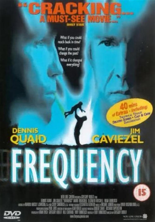 Movie poster for 'Frequency' featuring Dennis Quaid and Jim Caviezel with a blue and black color scheme.