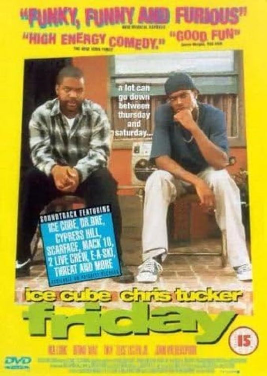 Movie poster for 'Friday' featuring Ice Cube and Chris Tucker on a yellow background.