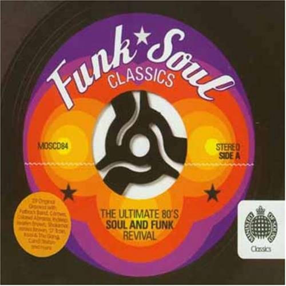 Vinyl record cover for 'Funk Soul Classics' with a retro design.