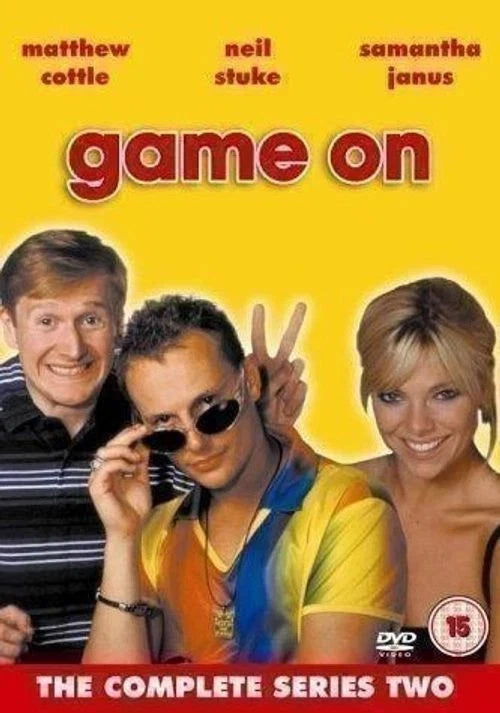 DVD cover for 'Game On: The Complete Series Two' featuring Matthew Cottle, Neil Stuke, and Samantha Janus against a bright yellow background, with the title in large red letters and a DVD logo in the bottom right corner.