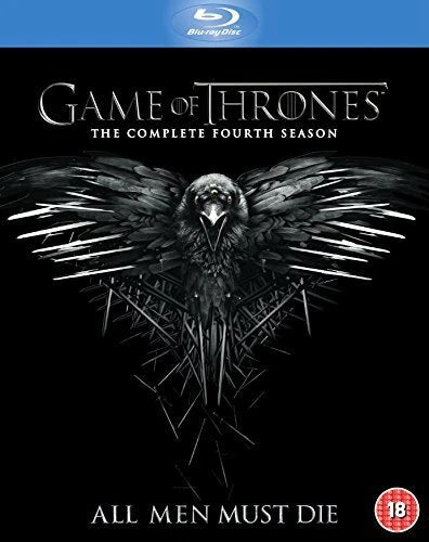 Blu-ray cover of 'Game of Thrones' Season 4 with a black and white raven design.