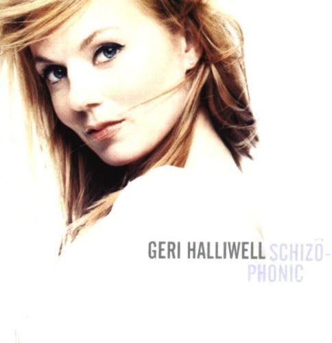 Geri Halliwell Schizophonic album cover in white and blue tones, with the artist's name and album title featured.
