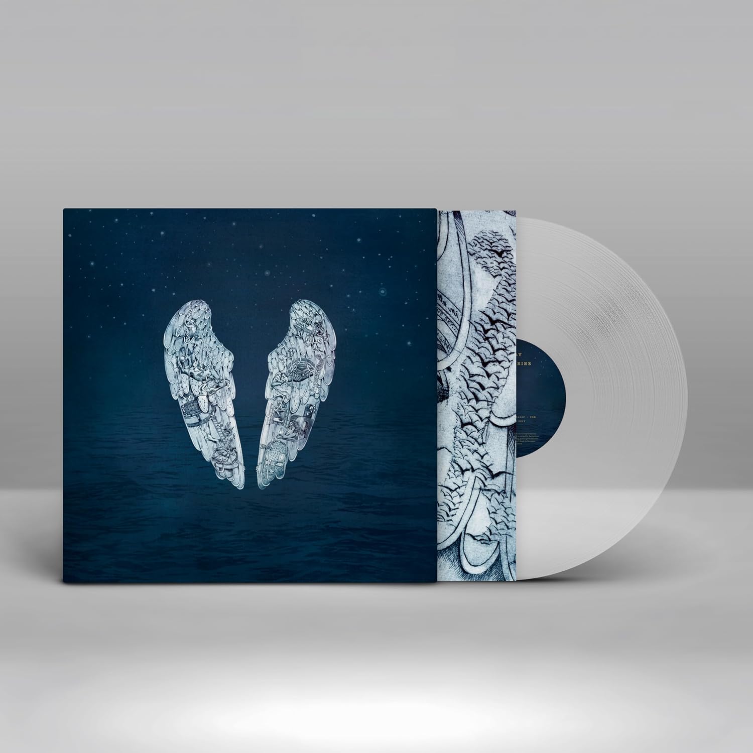 Vinyl record with a blue and white design on a gray background