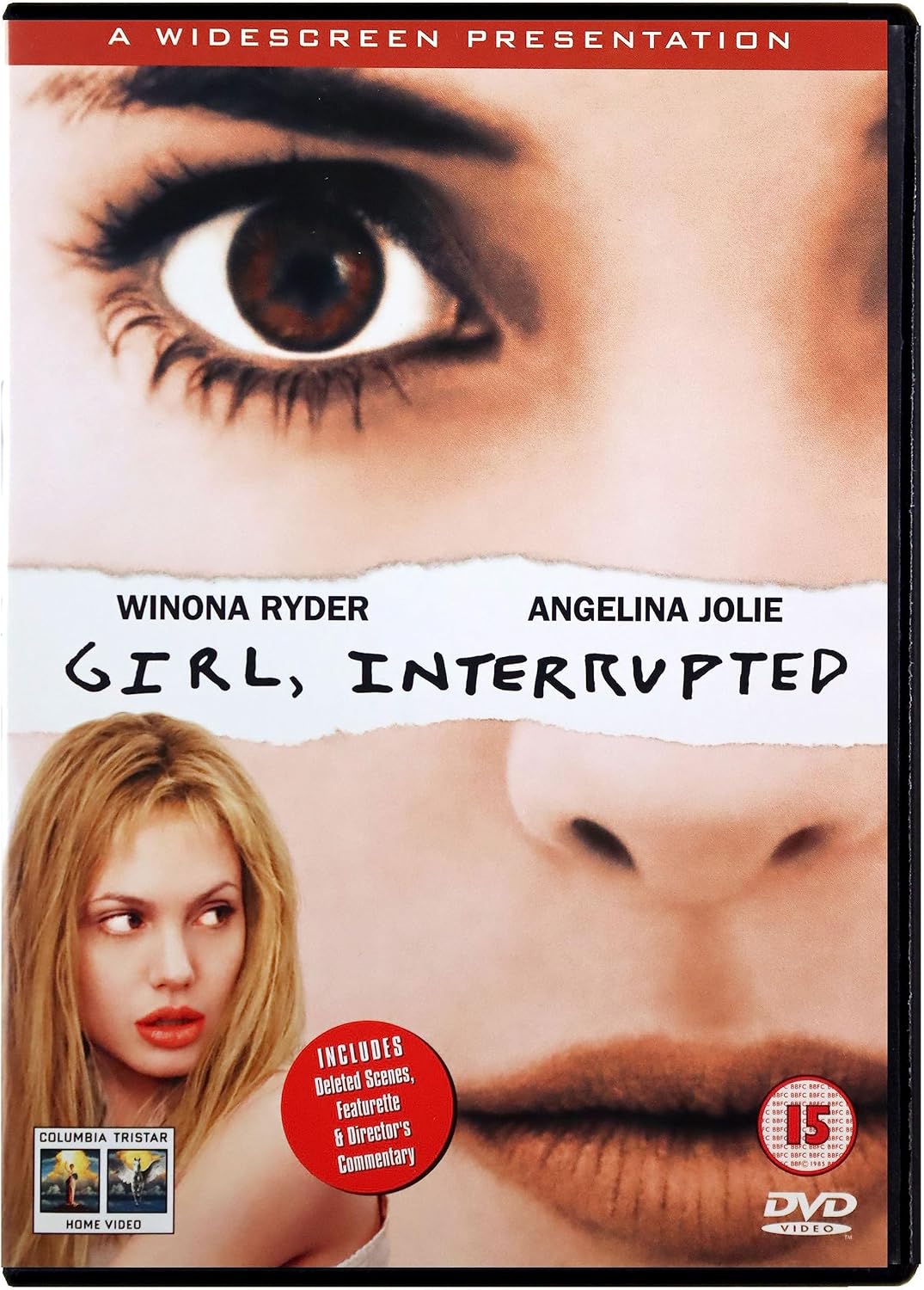DVD cover for the movie 'Girl, Interrupted' featuring Winona Ryder and Angelina Jolie, with a large close-up of an eye at the top, a torn-paper title band, a portrait of Winona Ryder at the bottom left, and a red 15 rating logo.