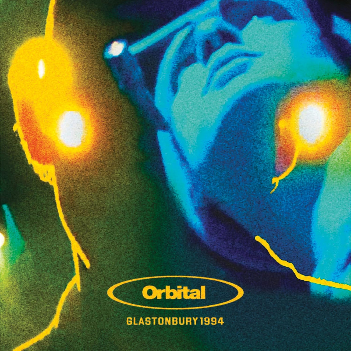 Album cover art for Orbital's 'Glastonbury 1994', featuring a stylized, high-contrast blue and green depiction of a face with glowing yellow-orange eyes, and the text 'Orbital' and 'GLASTONBURY 1994' at the bottom.