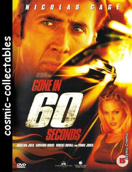 DVD cover of 'Gone in 60 Seconds' featuring Nicolas Cage and Angelina Jolie.