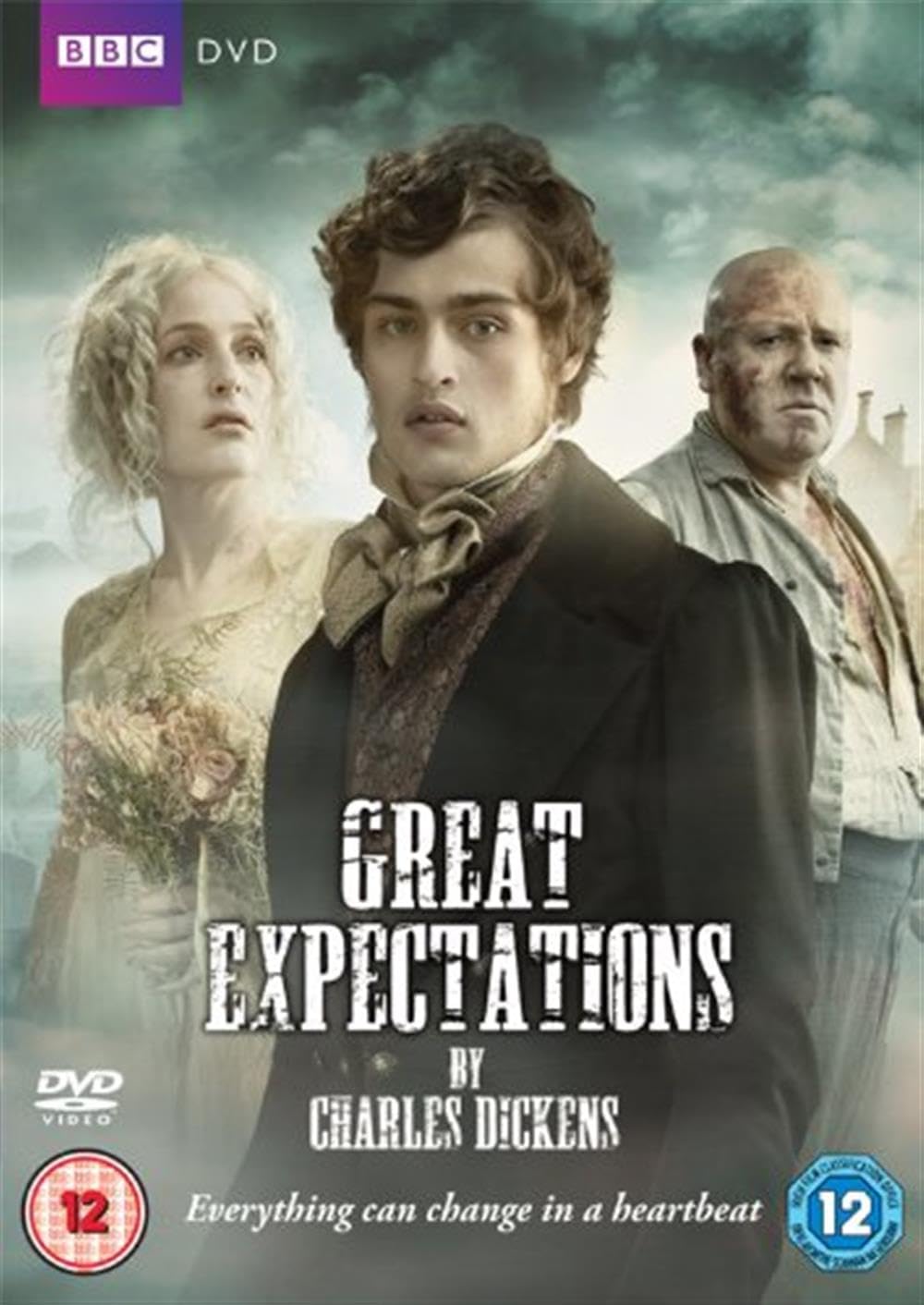 DVD cover of 'Great Expectations' by Charles Dickens featuring three characters against a stormy sky.