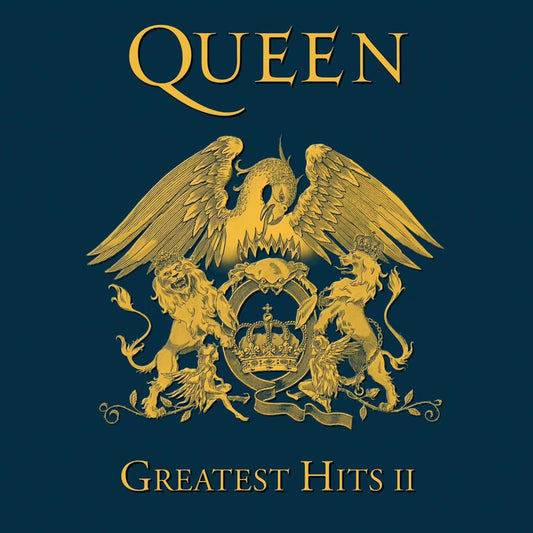 Queen Greatest Hits II album cover artwork featuring a gold double-headed eagle and lion crest on a dark navy blue background, with the band name at the top and the album title at the bottom.