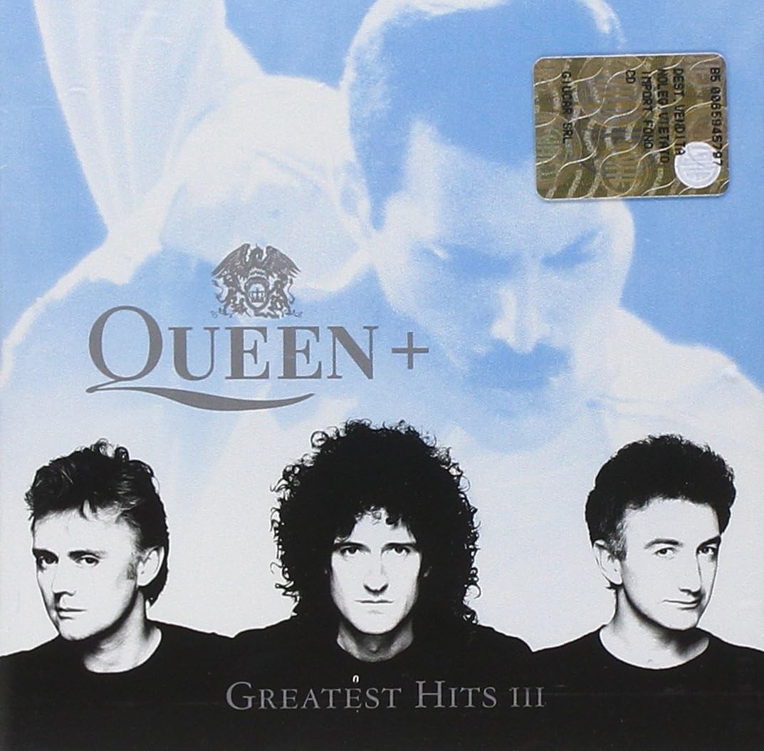 Album cover for 'Greatest Hits III' by Queen with band members and a credit card on a blue background.