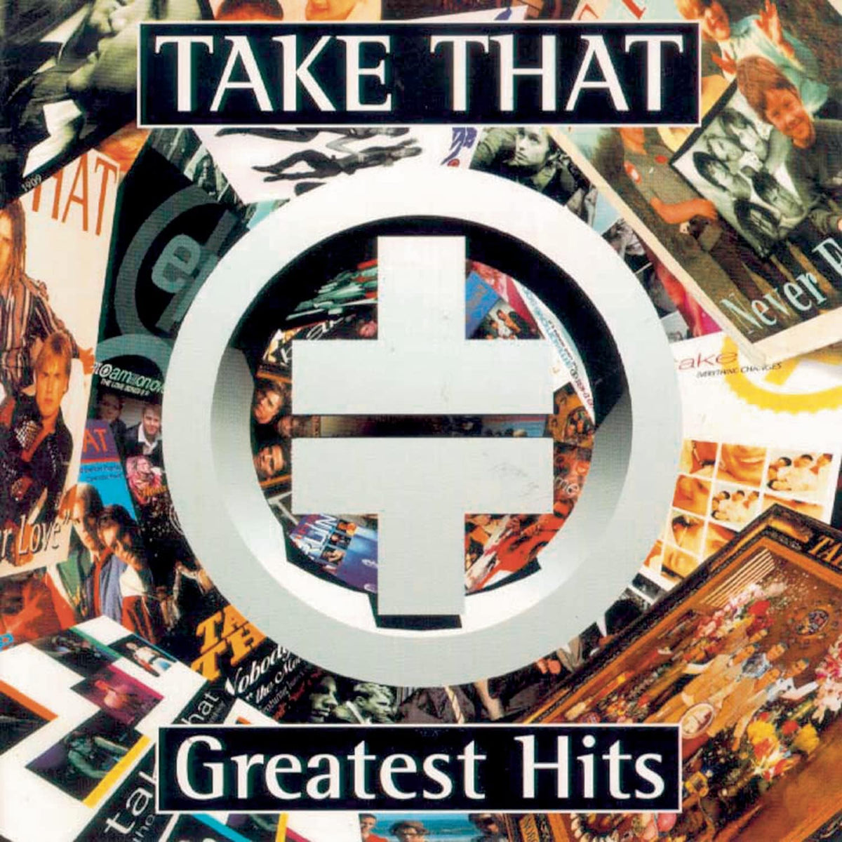 Album cover for 'Take That Greatest Hits' with collage of band members and images.