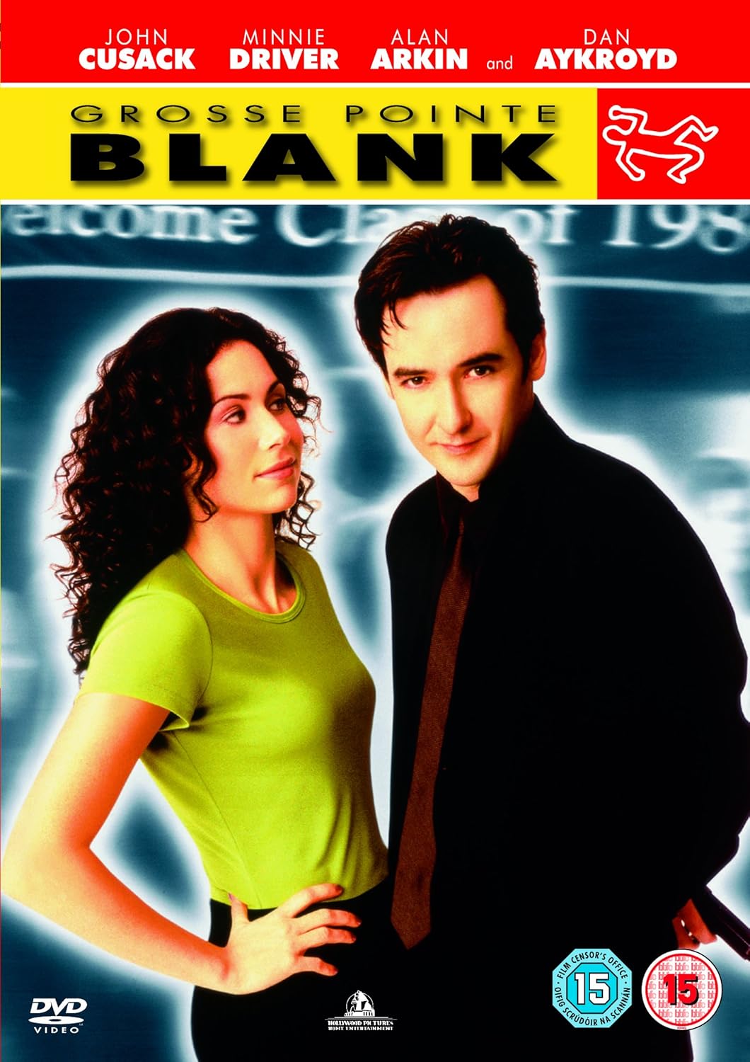 Movie poster for 'Grosse Pointe Blank' featuring two characters and a red banner with movie title.