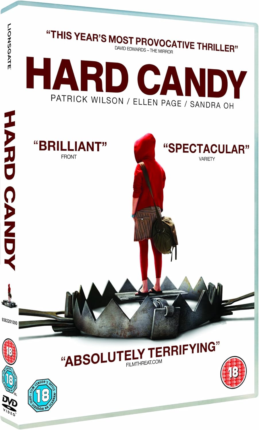 DVD cover of 'Hard Candy' with a person in a red hood standing on a bear trap.