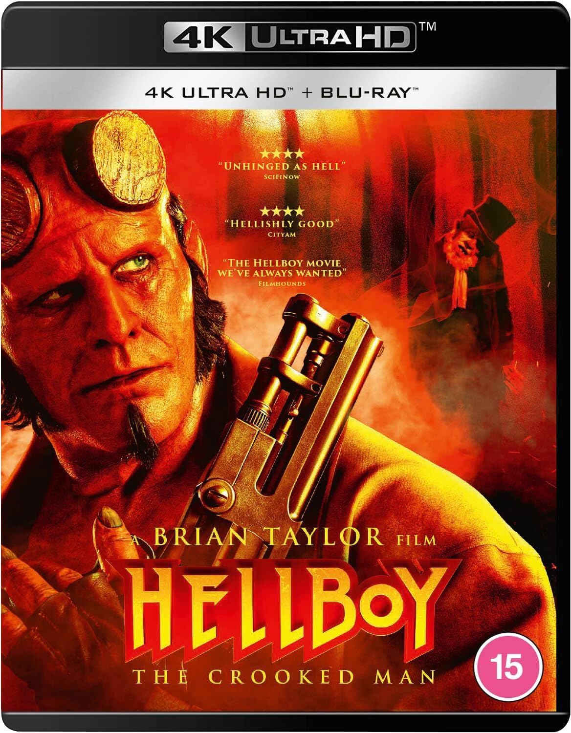 Hellboy: The Crooked Man 4K Ultra HD Blu-ray cover featuring a man in a Hellboy costume with a gun, with a fiery background. The cover indicates a 15+ rating and includes special features such as director's commentary and a behind-the-scenes look.
