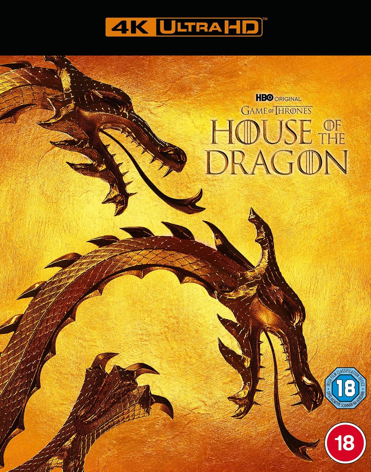 Cover art for 'House of the Dragon: Season 1' on 4K Ultra HD Blu-ray featuring a stylized dragon design in a gold-toned background.