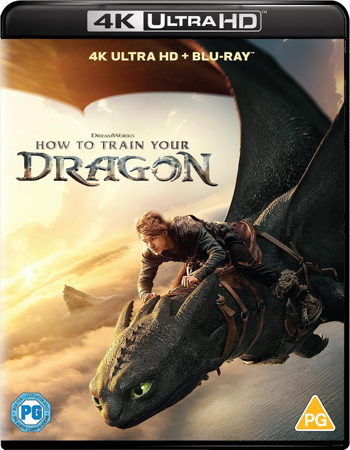 4K Ultra HD Blu-ray cover of 'How to Train Your Dragon' with a dragon and rider against a cloudy sky.