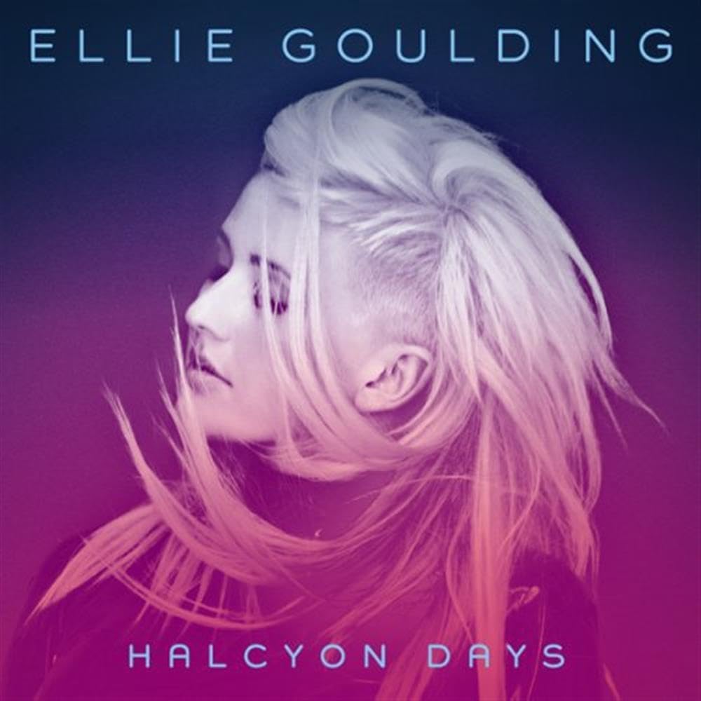 Album cover for 'Halcyon Days' by Ellie Goulding with a stylized portrait of the artist.