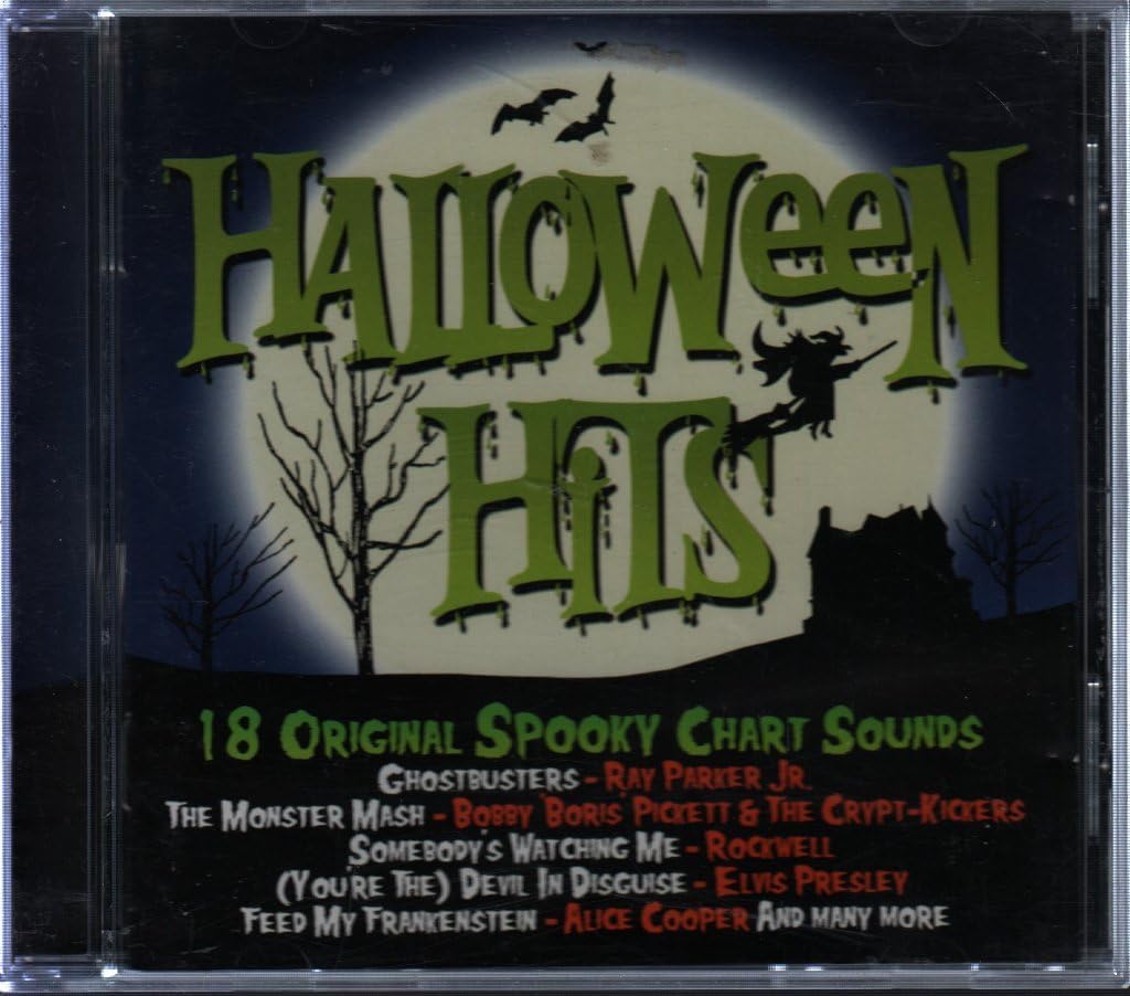 CD cover for 'Halloween Hits' featuring large green dripping text over a spooky night scene with a full moon, bats, bare trees, and a witch on a broomstick. The lower section lists song titles and artists in green and red text.