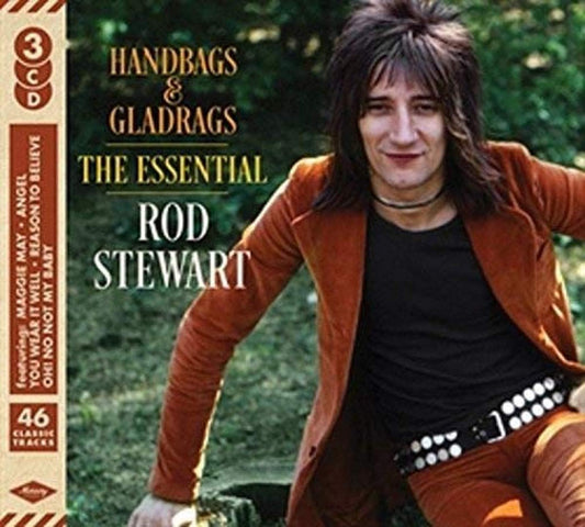 Album cover for 'Handbags & Gladrags: The Essential Rod Stewart' with a person in an orange jacket.