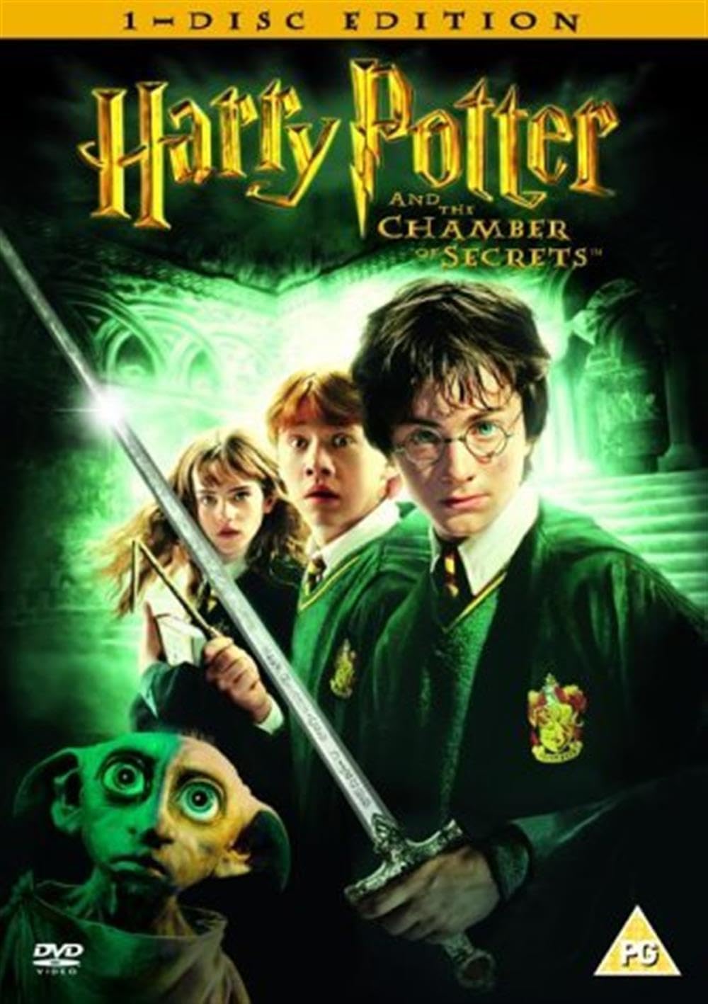 DVD cover of 'Harry Potter and the Chamber of Secrets' with characters and a sword.
