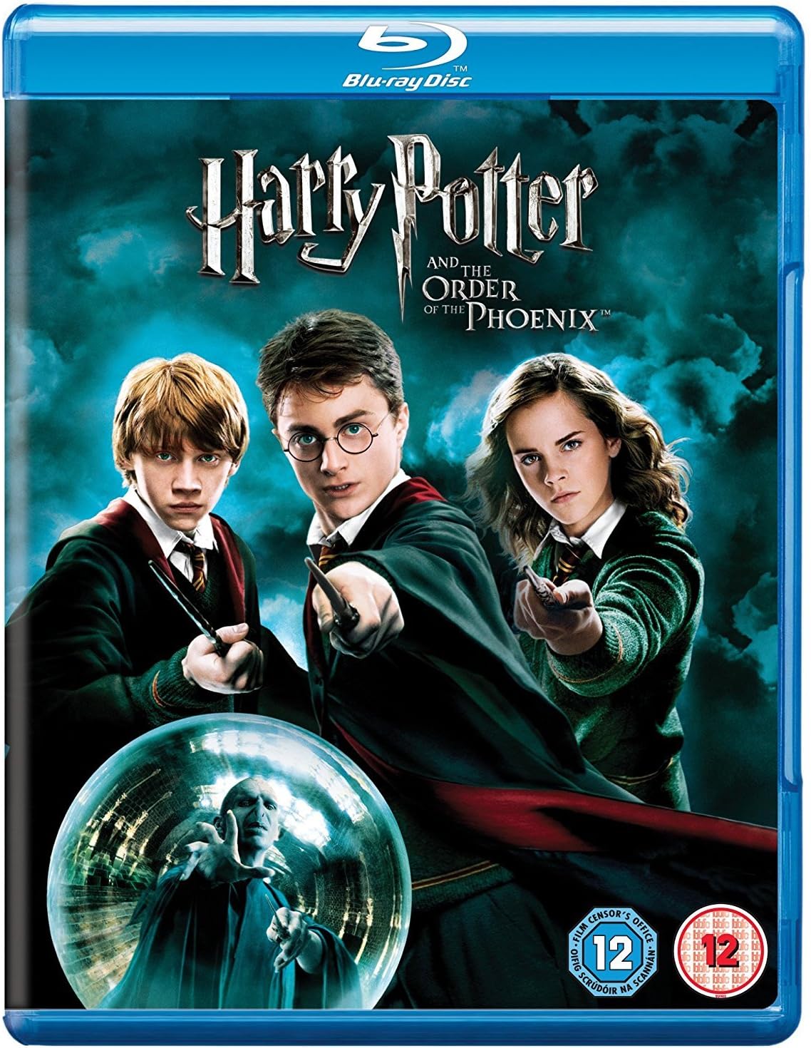 Harry Potter and the Order of the Phoenix Blu-ray Disc cover, featuring Harry, Ron, and Hermione in school uniforms pointing their wandsticks against a dark teal stormy sky background, with a crystal ball showing a figure in a blue robe. The blue Blu-ray case border is visible.