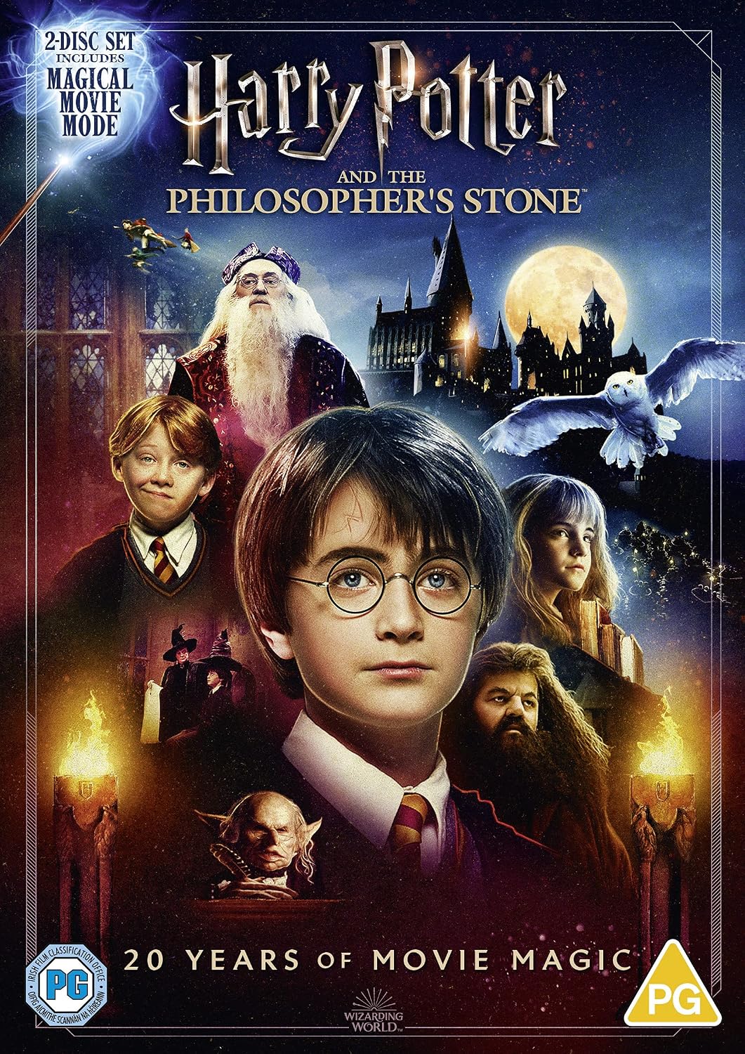 Front cover artwork for the Harry Potter and the Philosopher's Stone 20th anniversary 2-disc DVD set, featuring portraits of Harry, Ron, Hermione, Dumbledore, and others against a dark castle and moonlit sky background.