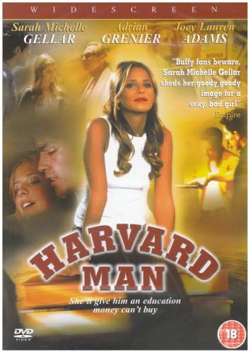 DVD cover for the movie 'Harvard Man' featuring Sarah Michelle Gellar in a white sleeveless top, with Adrian Grenier and Joey Lauren Adams also pictured. The title 'Harvard Man' is displayed in large red letters at the bottom, with a DVD Video logo in the lower-left corner and an 18 rating badge in the lower-right.