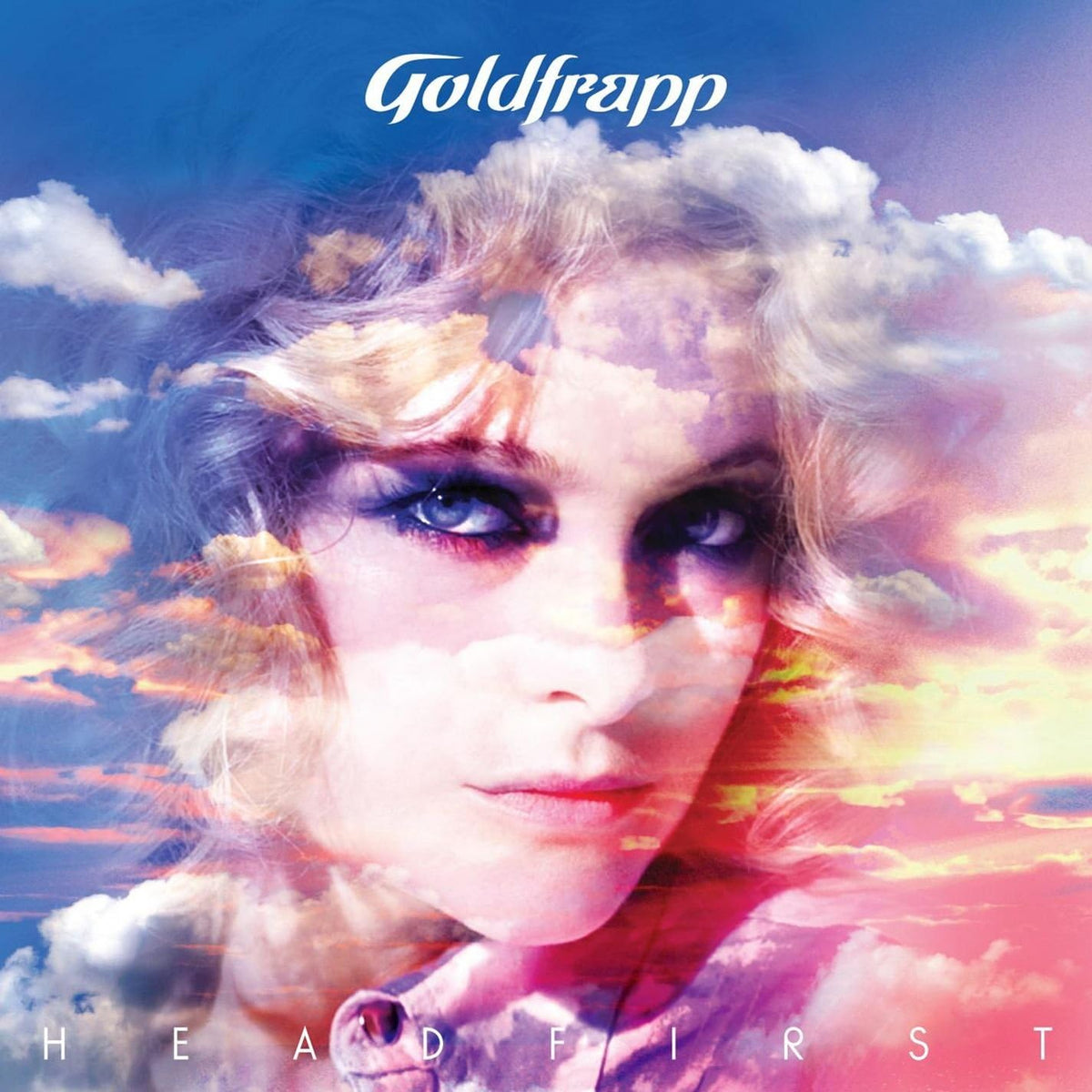 Album cover with a stylized portrait and cloud overlay, featuring the text 'Goldfrapp Head First'.