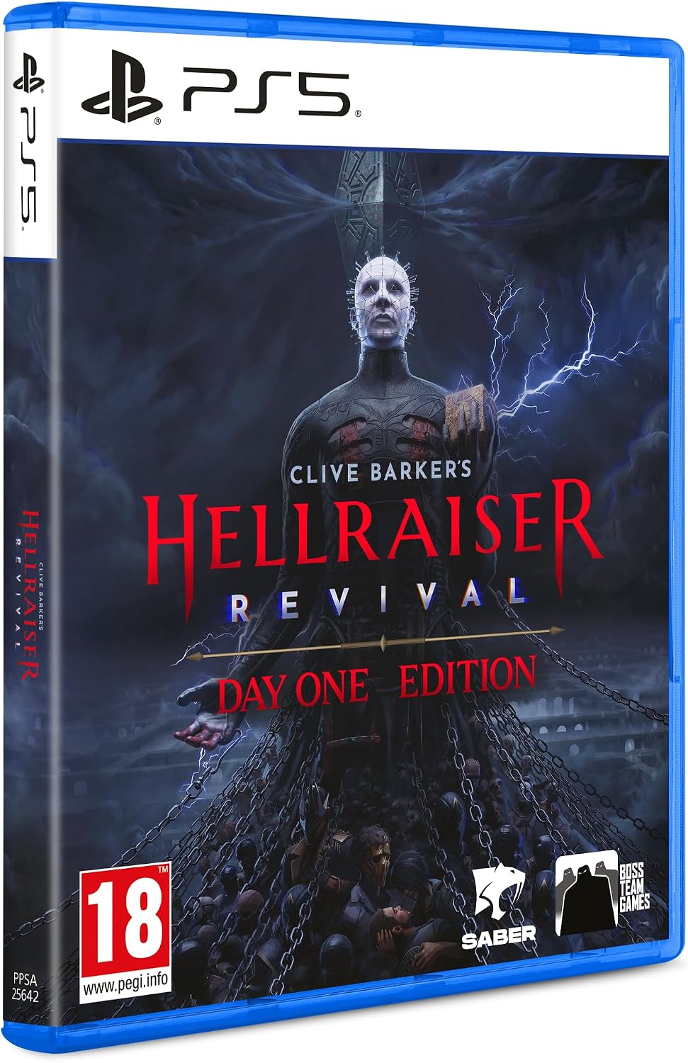 PS5 game case for Clive Barker's Hellraiser: Revival - Day One Edition, featuring the PlayStation 5 branding and the game's dark illustrated cover art with red title text.