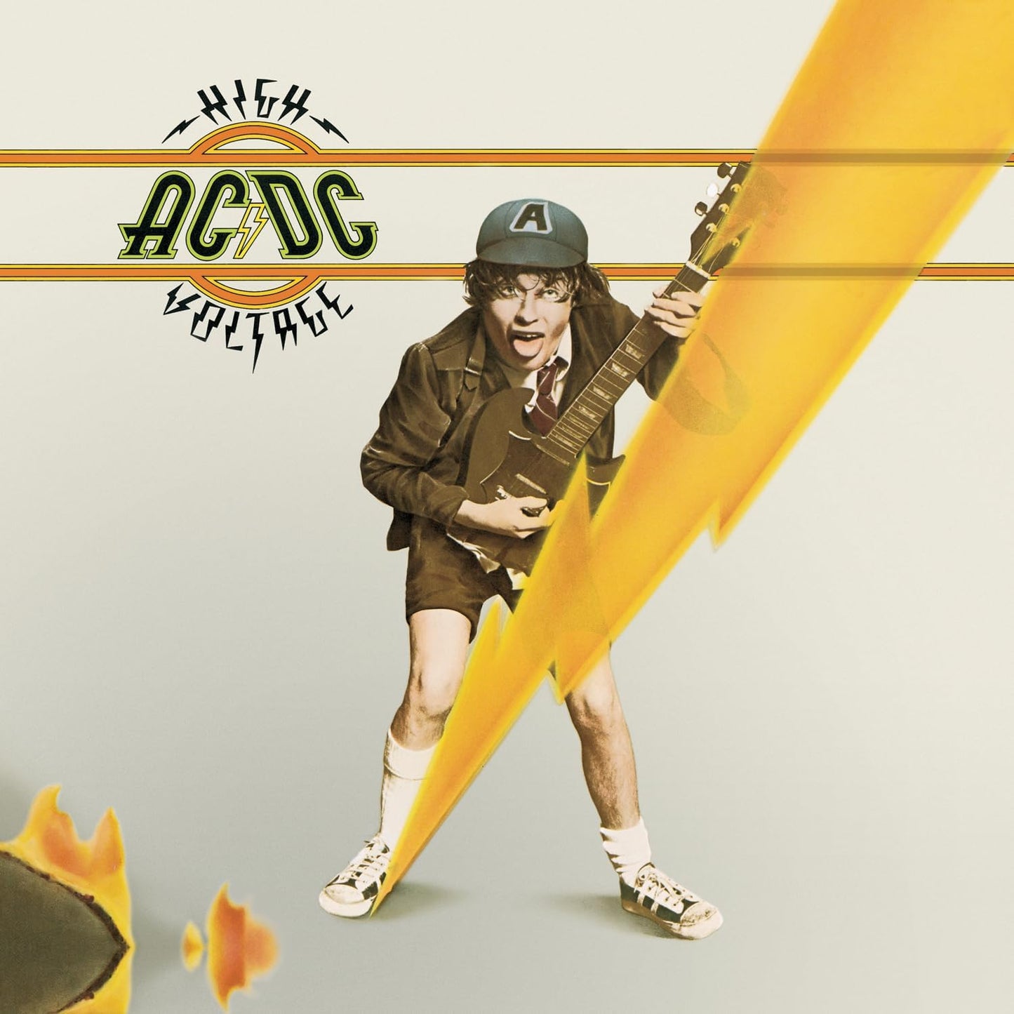 Album cover of AC/DC's 'High Voltage' with a person holding a guitar and lightning bolt design.
