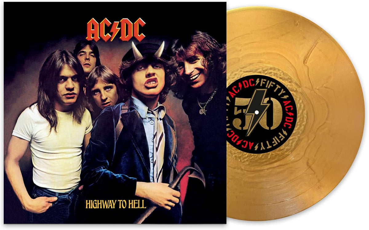 AC/DC 'Highway to Hell' vinyl record album shown with the black-and-red cover on the left and a gold-colored record on the right. The center label of the record reads 'AC/DC / Fifty Years AC/DC'.