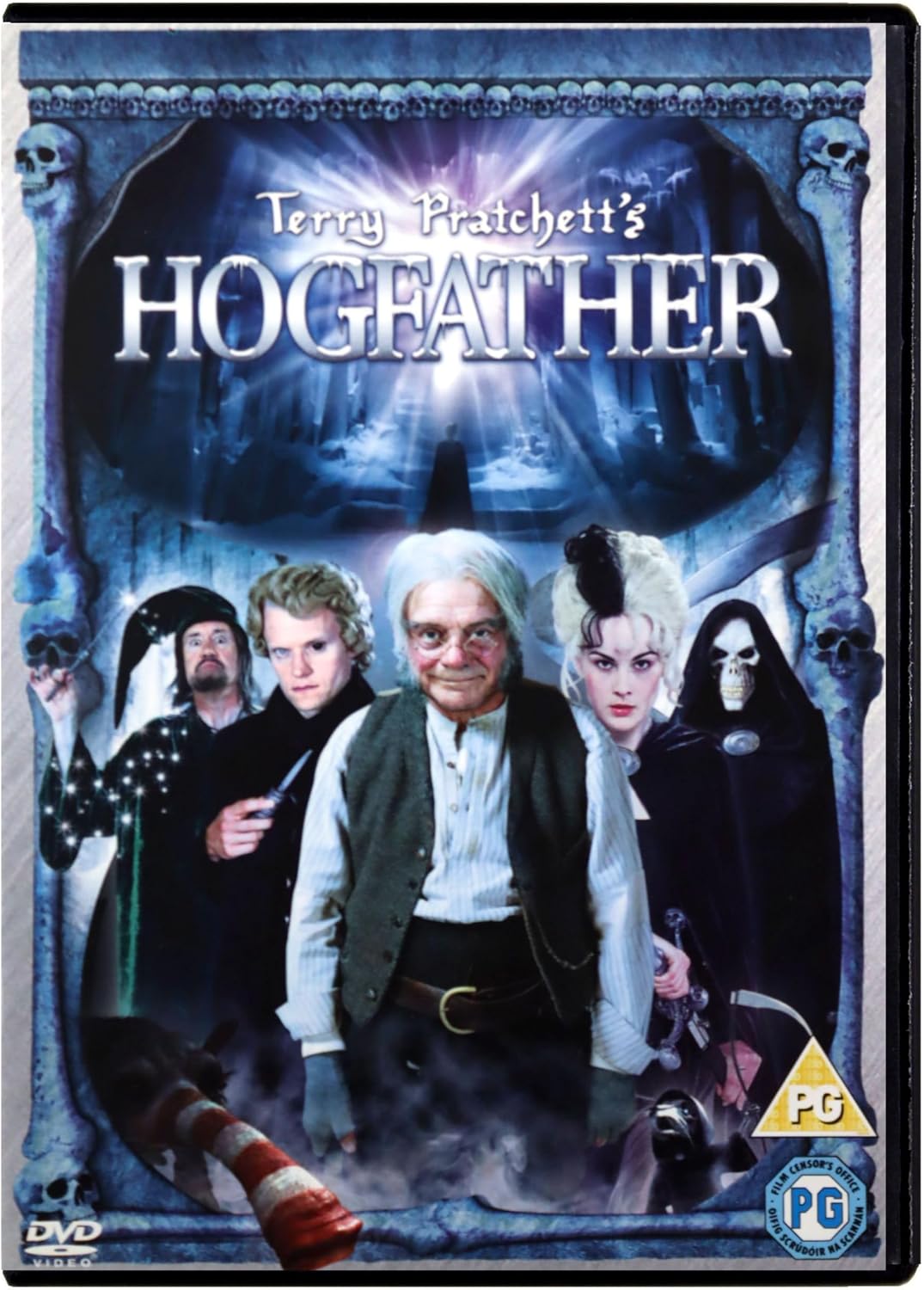 DVD cover for Terry Pratchett's Hogfather, featuring the main characters in costume against a dark blue magical background, with a yellow PG rating logo in the bottom right corner.