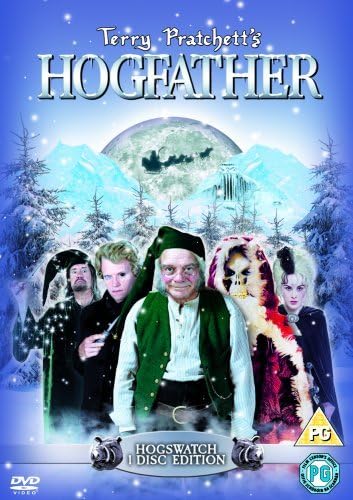 DVD cover of 'Hogfather' featuring characters in a snowy landscape with Terry Pratchett's name at the top.