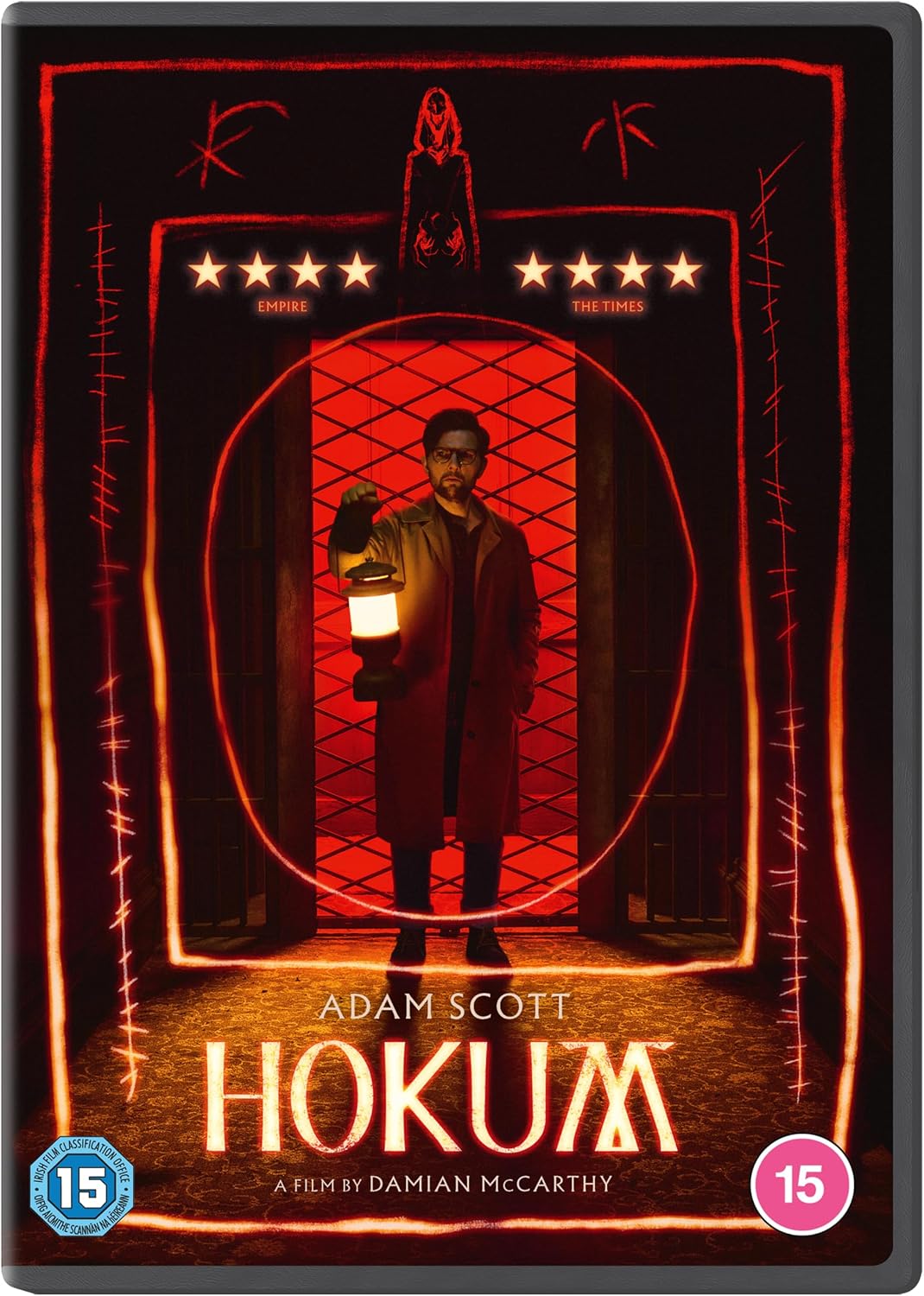 Hokum (2024) film cover featuring a man holding a lantern in a dark doorway framed by glowing red occult symbols. The title 'HOKUM' is displayed in large glowing letters at the bottom, with Adam Scott's name above it and age rating badges in the lower corners.