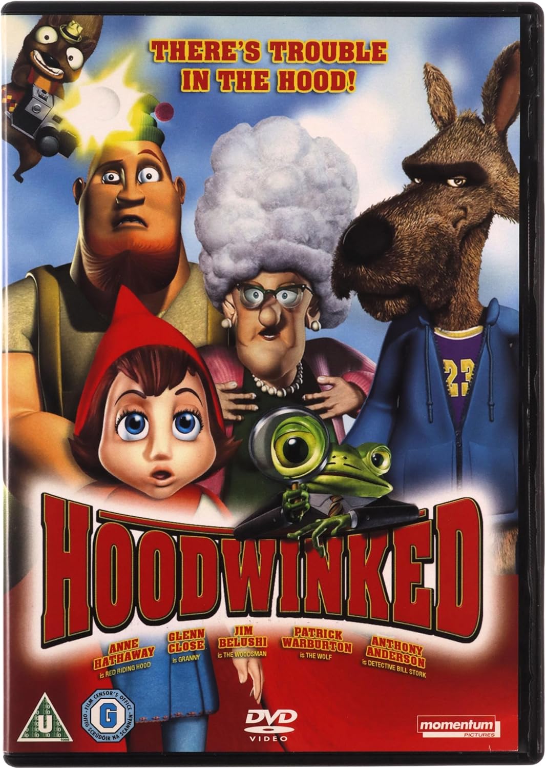 DVD cover for the movie 'Hoodwinked' featuring animated characters including a donkey, a woman with a large white hat, a girl in a red hood, and a green frog, with the title 'HOODWINKED' in large red letters on a red background.