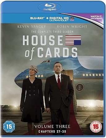 Blu-ray cover of 'House of Cards' Season 3 with two characters and an airplane in the background.