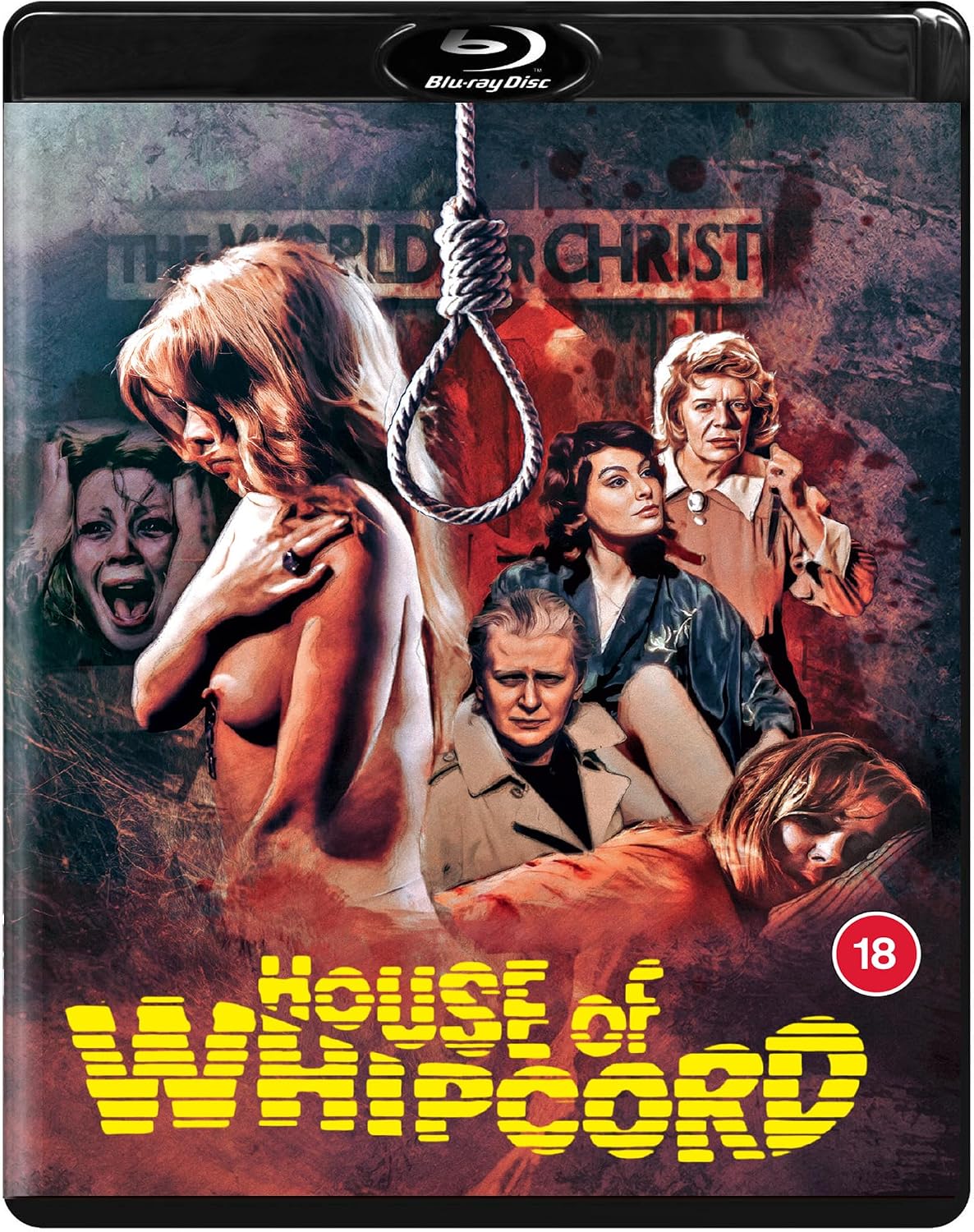 Blu-ray cover for the horror film 'House of Whipcord' featuring a noose hanging over a group of characters, with the title in large yellow text at the bottom and a Blu-ray Disc logo at the top.