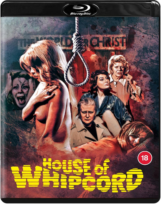Blu-ray cover for the horror film 'House of Whipcord' featuring a noose hanging over a group of characters, with the title in large yellow text at the bottom and a Blu-ray Disc logo at the top.