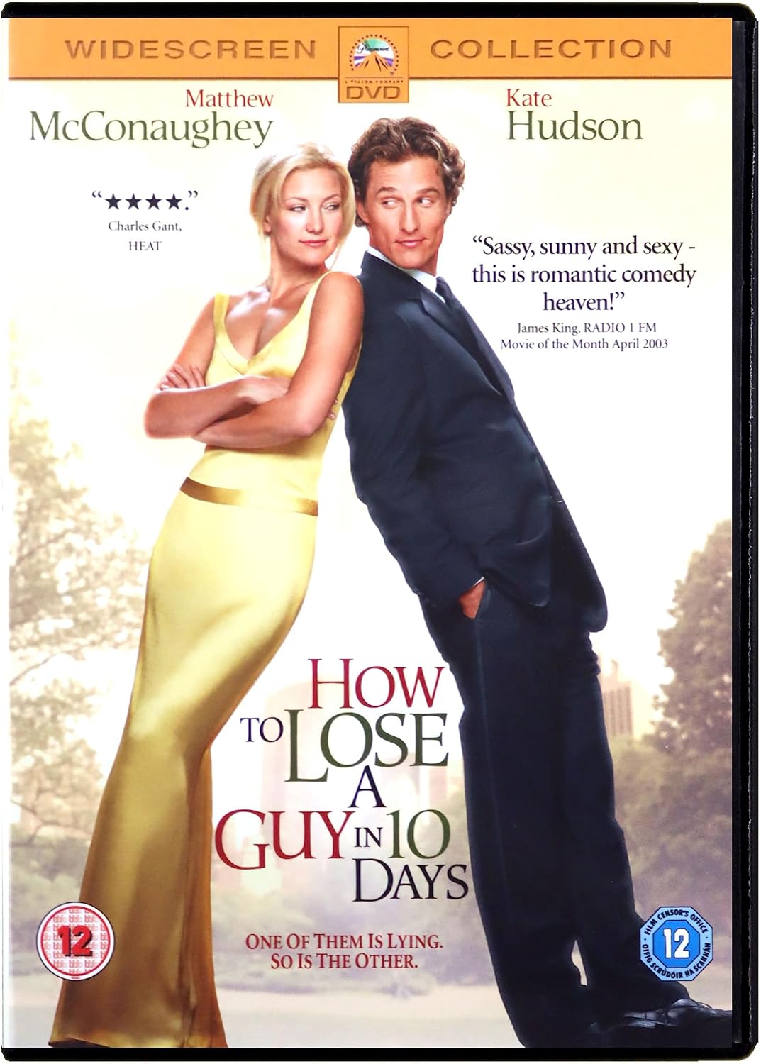 DVD cover for the movie 'How to Lose a Guy in 10 Days' featuring Matthew McConaughey and Kate Hudson, with critical quotes and age rating badges on a white background.