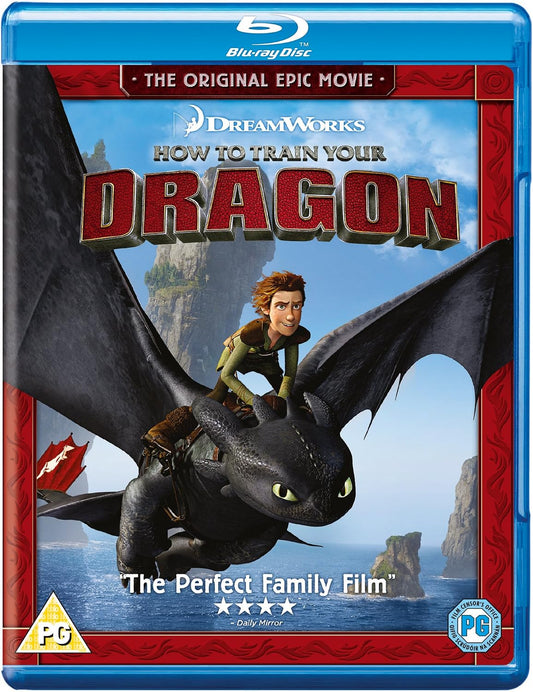 Blu-ray cover of 'How to Train Your Dragon' with a dragon and character on a blue background