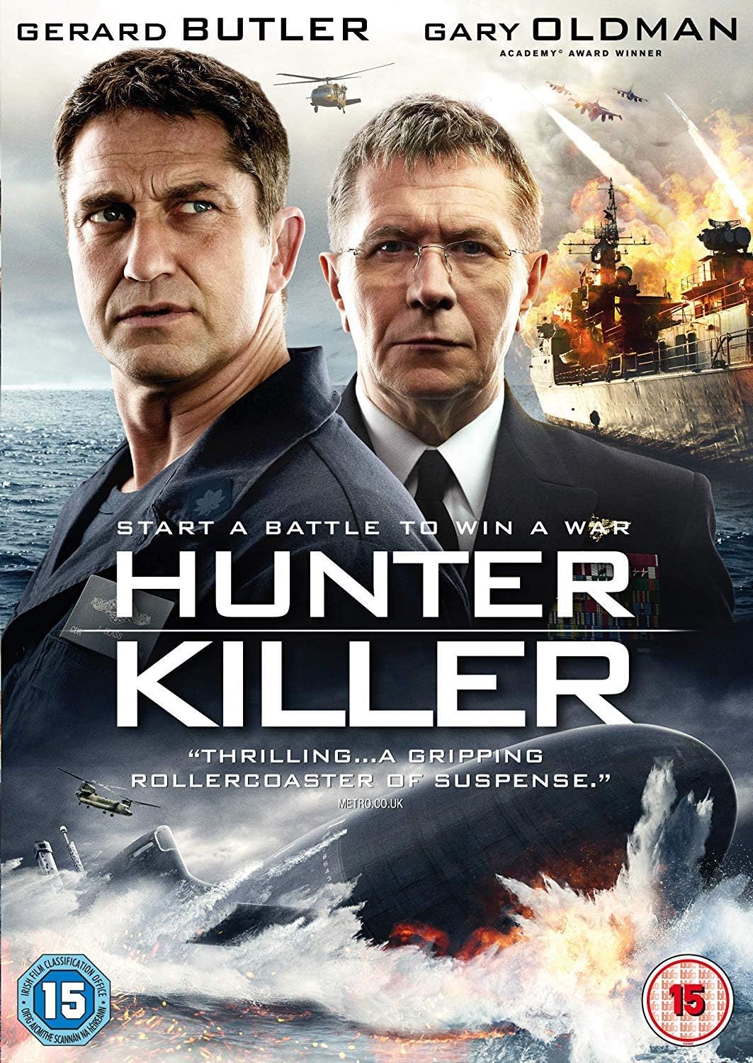 Movie poster for 'Hunter Killer' featuring two men in suits with a war-themed background.