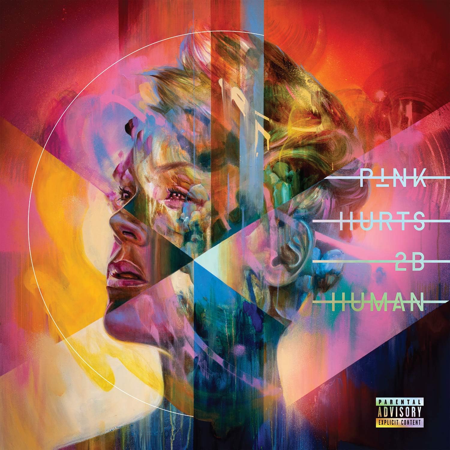Album cover with abstract design and text 'Pink Hurts 2B Human' on a colorful background