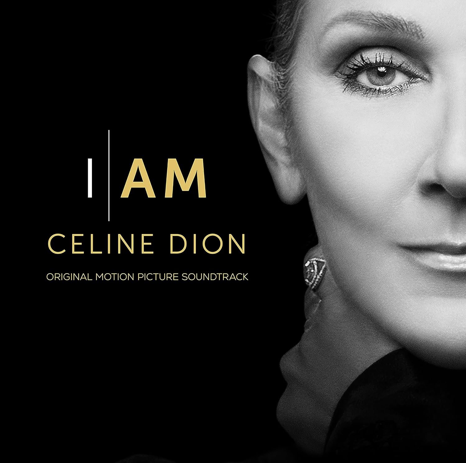 Cover of the Celine Dion album 'I Am: Celine Dion' featuring a black and white image of Celine Dion with the album title and tracklisting.