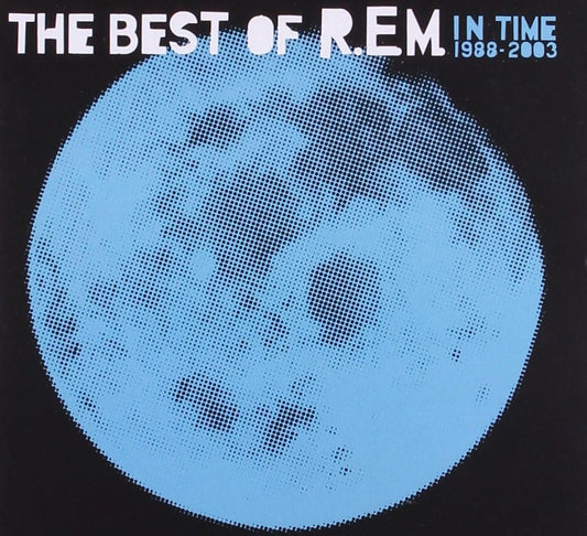 Album cover of 'The Best of R.E.M. In Time 1988-2003' with a blue moon graphic on a black background.